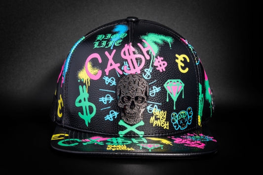 Casquette Cuir Noir Full Print – Skull Graffiti | Cash Only